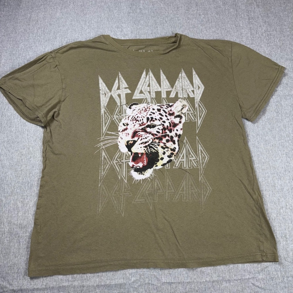 Def Leppard Graphic T-Shirt XXL Olive Green Leopard Band Tee Cotton